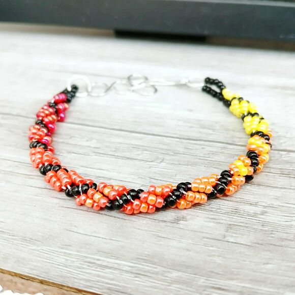 Adjustable Gradient Beaded Bracelet, Seed Bead Jewelry, Red Orange Yellow Black - Picture 8 of 8